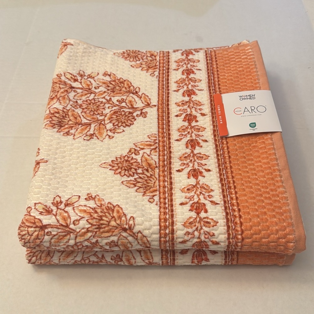 2pc CARO HOME 100% Cotton Printed Velour Bath Towel Set - Coral/Rust/Cream